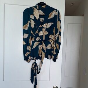 Banana Republic Blue and Tan Leaf Pattern Blouse